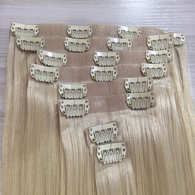 Factory price Blonde seamless pu skin clip in hair extensions  HJ 033